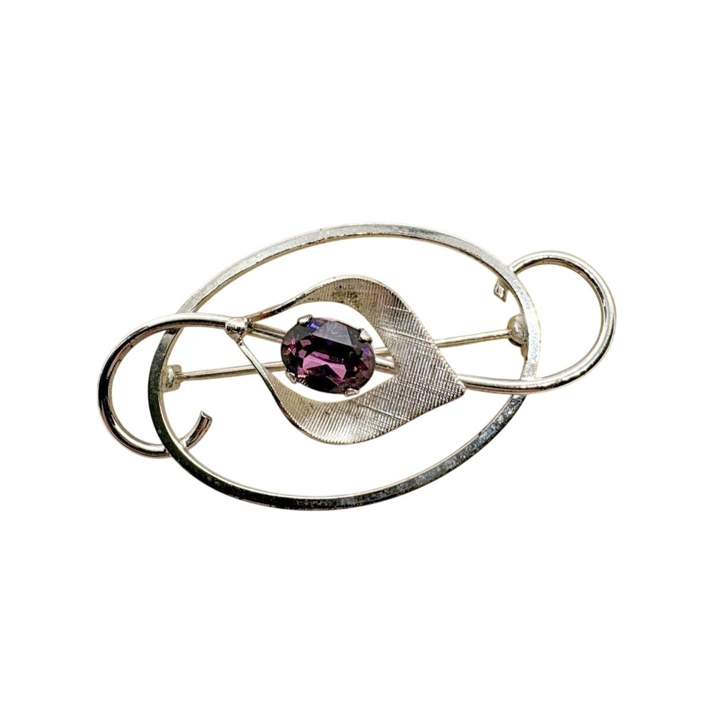 Vintage Van‎ Dell Sterling Silver Modernist Brooch Purple Rhinestone Mid Century